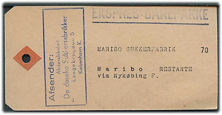 DSB 125 øre Fragtmærke og 100 øre Ekspresmærke stemplet Kh. 22.6.1960 Bpk på Manila-mærke for Ekspres-banepakke fra København til Maribo.