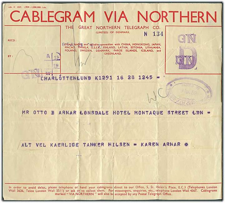 Cablegram via Northern telegram formular Ldn.C 1027 (1939-1.000.000) Ldn. med meddelelse fra Charlottenlund, Danmark til London. Ovalt stempel: Passed by No. 59 Censor / * Telegraph Censorship *.