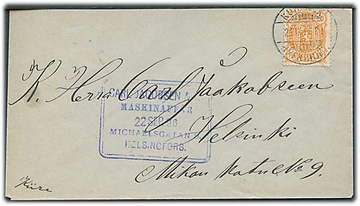 20 pen. Våben på brev fra Kurkijoki d. 21.9.1896 til Helsinki.