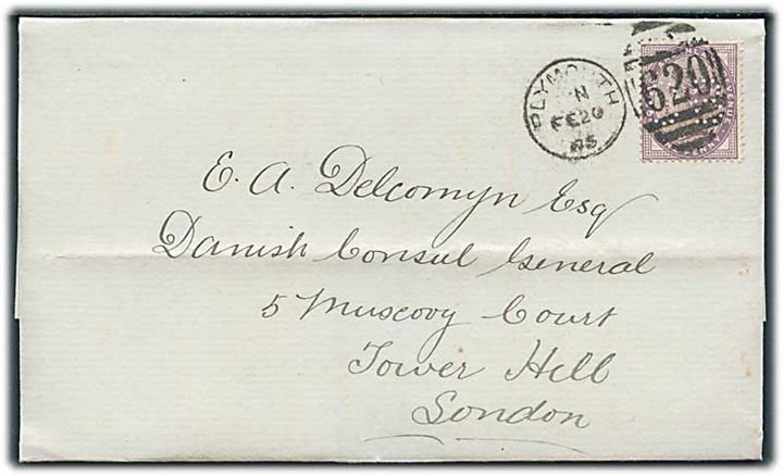 1d Victoria med perfin CB på brev stemplet Plymouth/620 d. 20.2.1885 til danske generalkonsulat i London.
