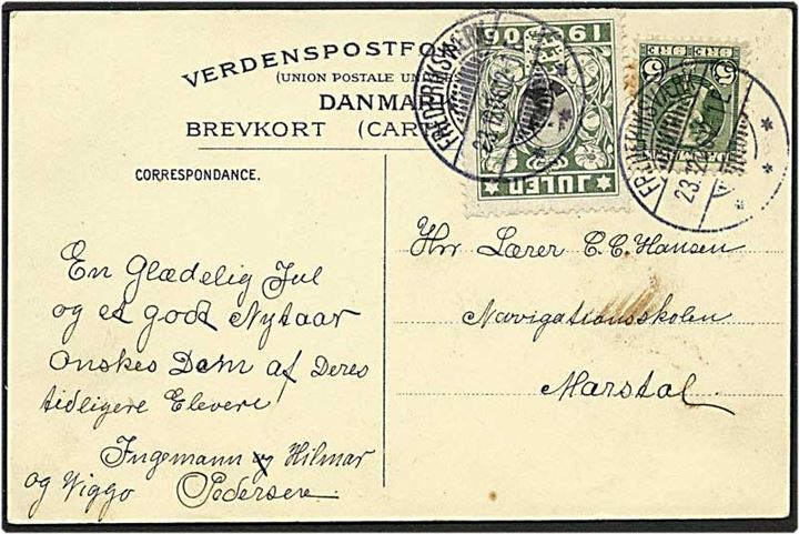 5 øre grøn Chr. IX og julemærke 1906 på postkort fra Frederiksværk d. 23.12.1906 til Marstal.