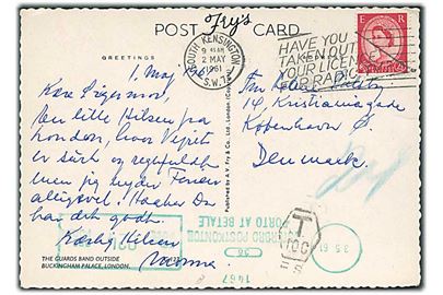 2½d Elizabeth på underfrankeret brevkort fra South Kensington d. 2.5.1961 til København, Danmark. Sort T10c/F.S. portostempel og udtakseret i porto med 24 øre grønt porto-maskinstempel fra Østerbro Postkontor d. 3.5.1961.