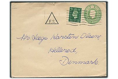 ½d George VI helsagskuvert opfrankeret med ½d George VI annulleret med stumt maskinstempel fra London Foreign Section til Hillerød, Danmark.