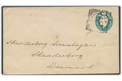 ½d Edward VII tryksags helsagskuvert fra London d. 14.4.1902 til Skanderborg, Danmark. Ank.stemplet lapidar Skanderborg J.B.P. d. 16.4.1902.