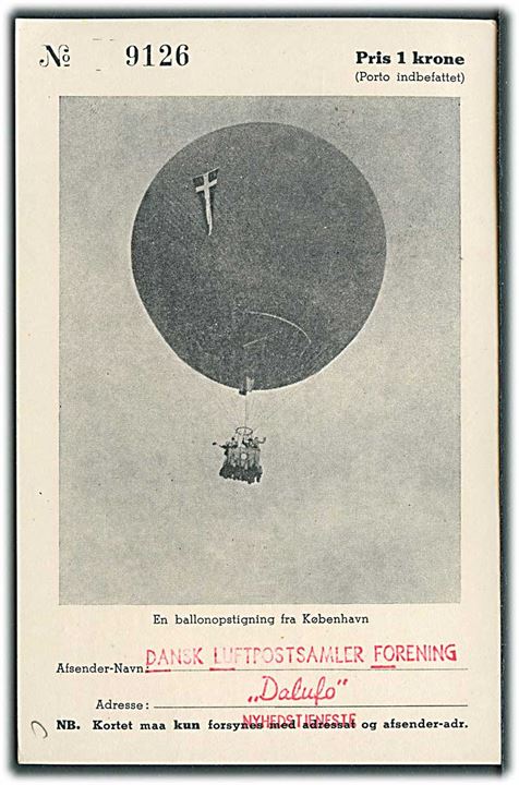 Svensk 10 öre Gustaf på Ballonpost postkort fra opstigningen på Bellahøj stemplet Skurup d. 4.7.1948 til Frederikshavn, Danmark.