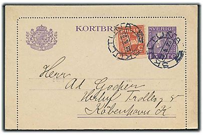 15 öre Gustaf helsags korrespondancekort opfrankeret med 5 öre Løve fra Skultuna d. 23.5.1923 til København, Danmark.