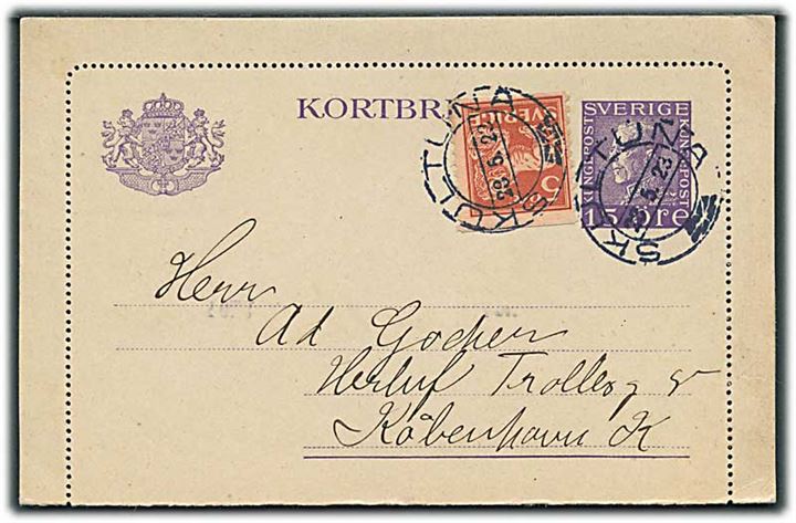 15 öre Gustaf helsags korrespondancekort opfrankeret med 5 öre Løve fra Skultuna d. 23.5.1923 til København, Danmark.