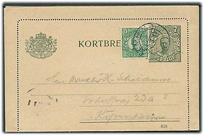 7 öre Gustaf helsags korrespondancekort opfrankeret med 5 öre Gustaf fra Älmhult d. 22.3.1919 til København, Danmark.