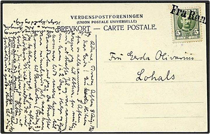 5 øre grøn Fr. VIII på skibs postkort fra Rønne d. 8.8.1911 til Lohals. Fra Rønne skibsstempel.