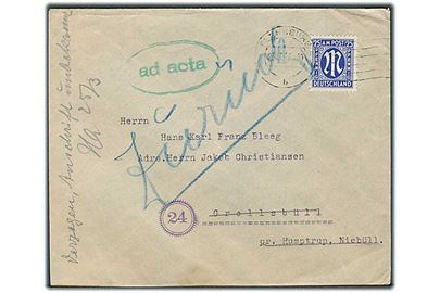 25 pfg. Bizone udg. på brev fra danske konsulat i Flensburg d. 23.3.1946 til Grellsbüll pr. Humpstrup, Niebüll. Retur som ubekendt.