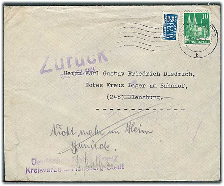 10 pfg. Kölner Dom og 2 pfg. Berlin Notopfer på lokalbrev fra danske konsulat i Flensburg d. 5.12.1949 til Rotes Kreuz Lager am Bahnhof. Retur med  Røde Kors stempel.