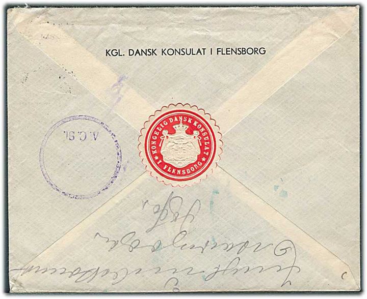10 pfg. Kölner Dom og 2 pfg. Berlin Notopfer på lokalbrev fra danske konsulat i Flensburg d. 5.12.1949 til Rotes Kreuz Lager am Bahnhof. Retur med  Røde Kors stempel.