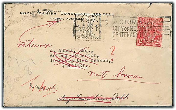 2d George V på lokalbrev fra danske generalkonsulat i Sydney d. 21.2.1934. Retur som ubekendt. 