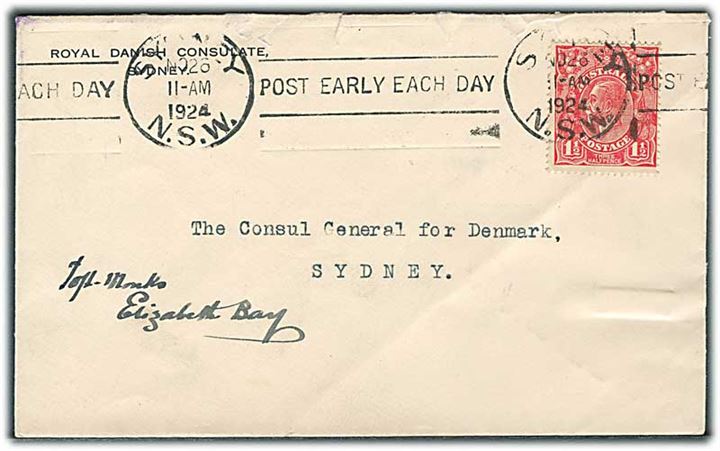 1½d George V på fortrykt kuvert fra Royal Danish Consulate sendt lokalt i Sydney d. 26.11.1924 til den danske generalkonsul.