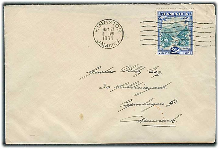 2½d single på brev fra Kingston d. 21.5.1935 til København, Danmark.