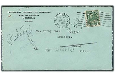 2 c. George V på fortrykt kuvert fra danske generalkonsulat i Montreal d. 12.3.1928 til Hanna, Alta. Retur som ubekendt. Åbnet 3 sider.
