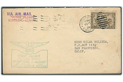 5 cents luftpost på 1. flyvningskuvert fra Montreal d. 1.10.1928 til San Francisco, USA. Første flyvning Montreal-Albany.