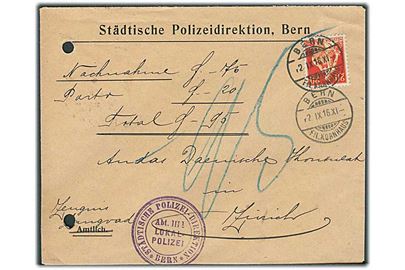 20 c. på fortrykt kuvert fra Städtische Polizeidirektion sendt med opkrævning fra Bern d. 2.9.1916 til danske konsulat i Zürich. Arkivhul.