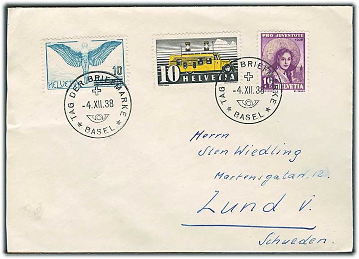 10+5 c. Pro Juventute, 10/65 c. Luftpost og 10 c. Postbus på brev stemplet Tag der Briefmarke Basel d. 4.12.1938 til Lund, Sverige.