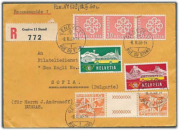 5 c. i tête-bêche 3-stribe, 30 c. Europa udg., samt 10 c. og 20 c. Postautomobil på anbefalet brev fra Genéve d. 8.2.1960 til Sofia, Bulgarien.