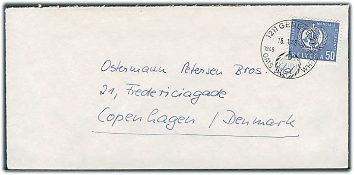 WHO. 50 c. WHO udgave single på brev fra Genéve d. 18.1.1968 til København, Danmark.