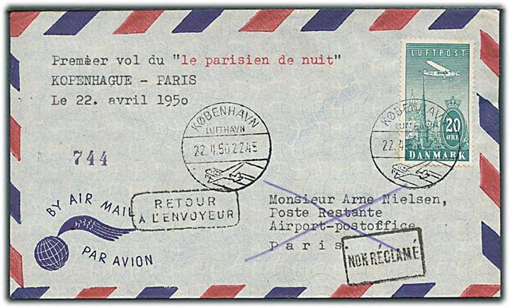 20 øre Luftpost på 1. flyvningsbrev med natluftpost fra København d. 22.4.1950 til Paris, Frankrig.