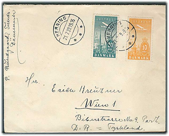 10 øre og 15 øre Luftpost på brev fra Herning d. 21.7.1939 til Wien, Tyskland.