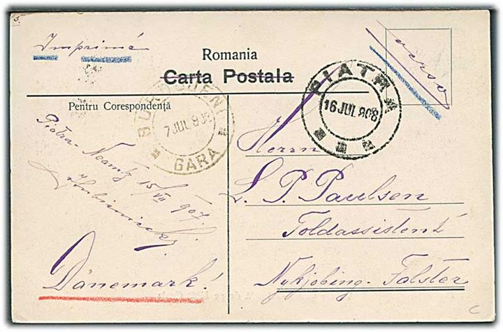 5 bani på billedsiden af brevkort sendt som tryksag fra Piatra d. 16.7.1908 til Nykøbing F., Danmark.