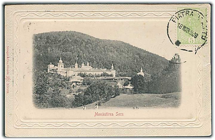 5 bani på billedsiden af brevkort sendt som tryksag fra Piatra d. 18.3.1908 til Nykøbing F., Danmark.