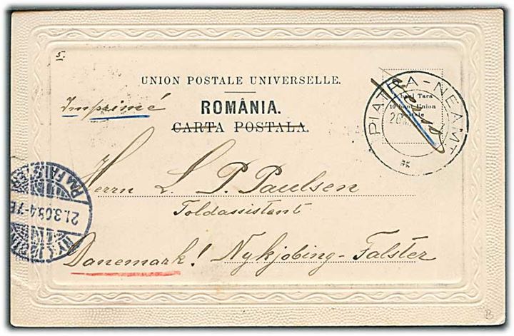 5 bani på billedsiden af brevkort sendt som tryksag fra Piatra d. 18.3.1908 til Nykøbing F., Danmark.
