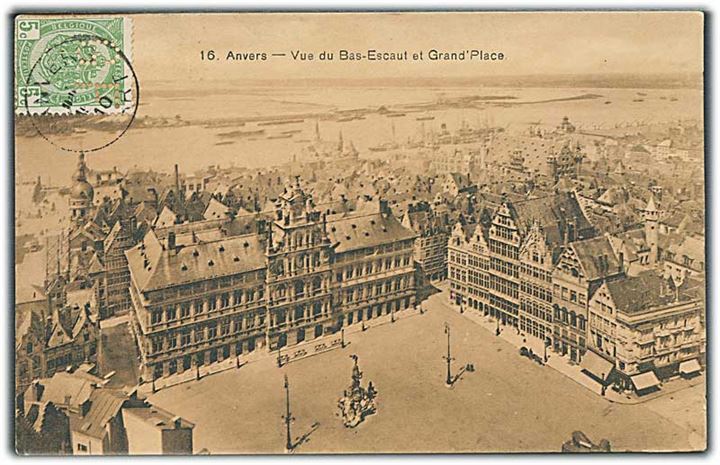 5 c. Våben med perfin GF på brevkort sendt som tryksag fra Anvers 1910 til Nykøbing F., Danmnark.