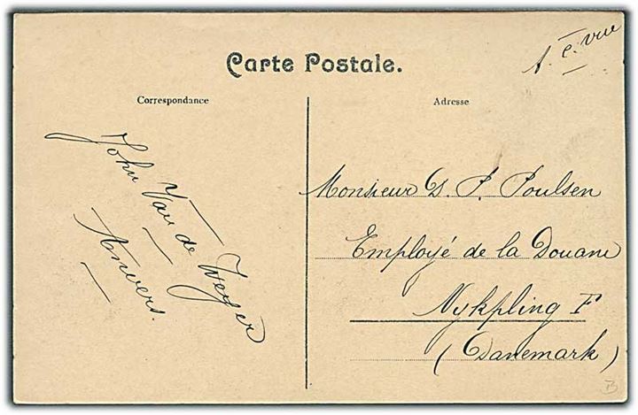 5 c. Våben med perfin GF på brevkort sendt som tryksag fra Anvers 1910 til Nykøbing F., Danmnark.