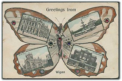 Greetings from Wigan i en sommerfugl med perler & glimmer. Tom Miller u/no. Hjørneknæk. 