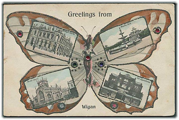 Greetings from Wigan i en sommerfugl med perler & glimmer. Tom Miller u/no. Hjørneknæk. 