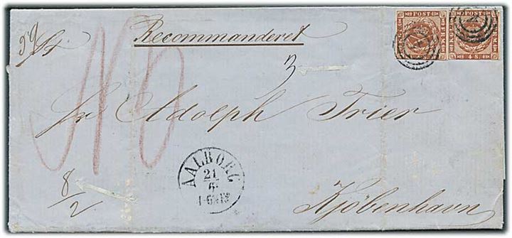 4 sk. 1858 udg. (2) på anbefalet dobbeltbrev annulleret med nr.stempel 4 og sidestemplet antiqua Aalborg d. 21.6.1862 til Kjøbenhavn.