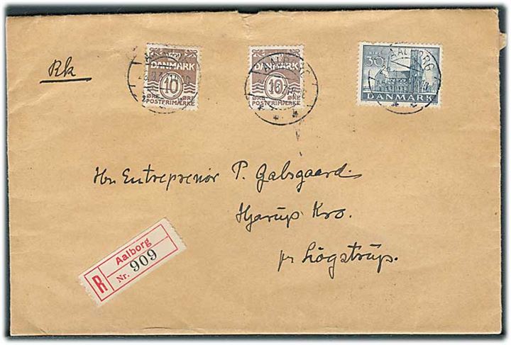 10 øre Bølgelinie (2) og 30 øre Ribe domkirke på anbefalet brev fra Aalborg d. 29.9.1937 til Hjarup Kro pr. Løgstrup.