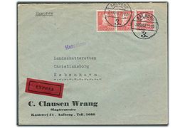 20 øre Chr. X i 3-stribe på ekspresbrev fra Aalborg d. 24.10.1946 til København. Liniestempel Kassebrev.