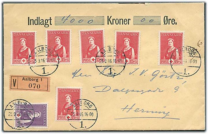 10+5 øre og 15+5 øre (6) Røde Kors på værdibrev fra Aalborg d. 25.9.1946 til Herning.