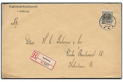 25 øre Fr. VIII single på anbefalet brev fra Aalborg d. 14.3.1914 til København.