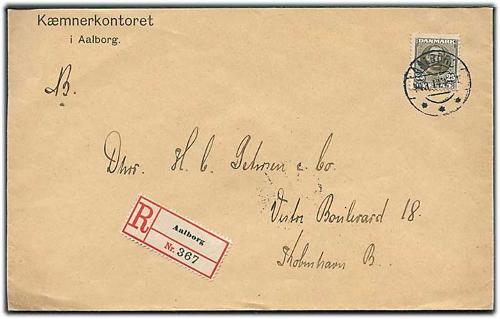 25 øre Fr. VIII single på anbefalet brev fra Aalborg d. 14.3.1914 til København.