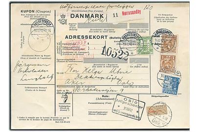 40 øre Karavel, 1 kr. Chr. X (par), samt 5 øre Gebyrmærke på internationalt adressekort for pakke fra Nørresundby d. 16.12.1942 til Oslo, Norge.