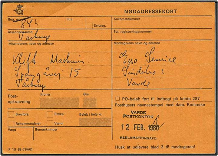 Nødadressekort på adressekort fra Tåstrup d. 12.2.1980 til Varde. Formular P 19 (8-79A6).