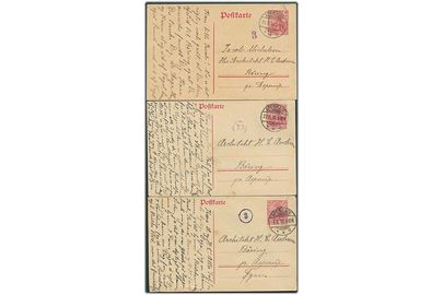10 pfg. Germania helsagsbrevkort fra Apenrade **a 1918 til Båring pr. Asperup, Danmark. 3 kort med forskellige lokale censurstempler: 3 (to forskellige) og 13. 