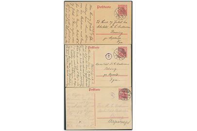 10 pfg. Germania helsagsbrevkort fra Apenrade **a 1918 til Båring pr. Asperup, Danmark. 3 kort med forskellige lokale censurstempler: 0, 3 og 9.