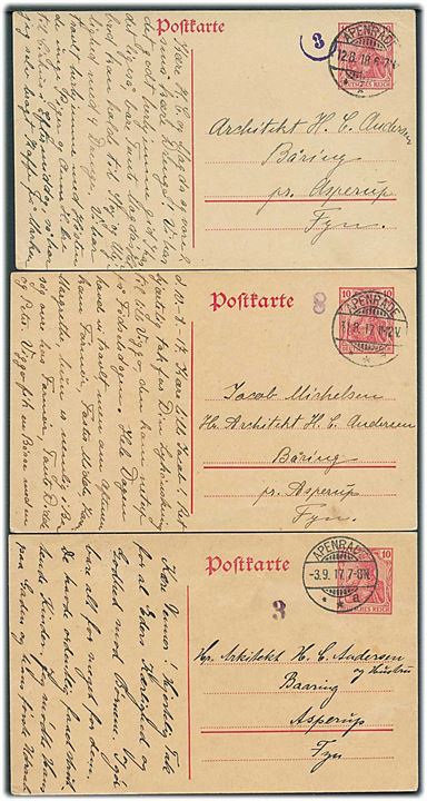 10 pfg. Germania helsagsbrevkort fra Apenrade **a 1917-1918 til Båring pr. Asperup, Danmark. 3 kort med forskellige lokale censurstempler: 3 (to forskellige) og 8.