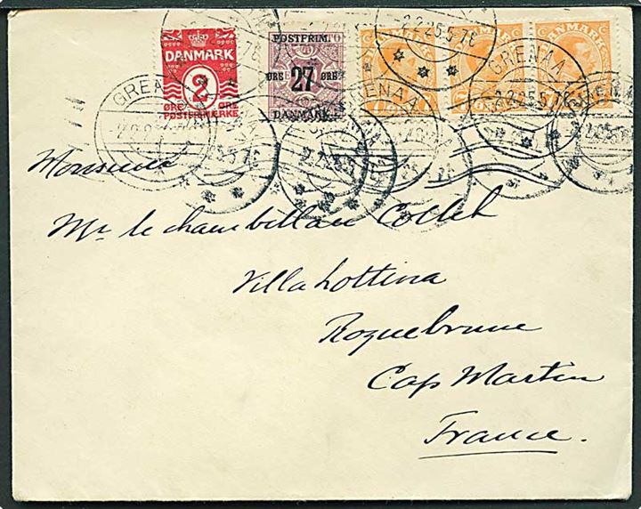 2 øre Bølgelinie, 7 øre Chr. X (3) og 27/10 øre Provisorium på brev fra Grenaa d. 2.2.1925 til Cap Martin, Frankrig.