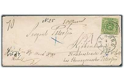 8 sk. 1858 udg., fuld rand, på pakkefølgebrev annulleret med nr.stempel 4 og sidestemplet antiqua Aalborg d. 4.1.186x til Kjøbenhavn. Mange påtegninger.