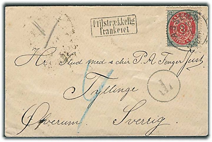 8 øre Tofarvet på underfrankeret brev fra Assens d. 21.7.1890 til Tyllinge, Sverige. Rammestempel Utilstrækkelig frankeret og T, samt på bagsiden spor efter fjernet svensk portomærke.