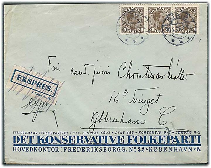 20 øre Chr. X i 3-stribe på fortrykt kuvert fra Det Konservative Folkeparti sendt som ekspres fra Strib d. 14.5.1925 til Christmas Møller i Kjøbenhavn. Forsøgt afleveret med overstreget ekspres etiket.