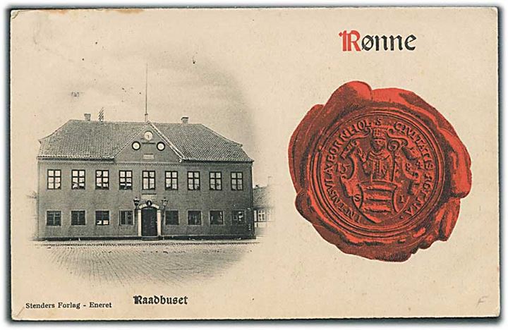 5 øre Fr. VIII på brevkort (Raadhuset i Rønne) annulleret med skibsstempel Fra Rønne og sidestemplet Kjøbenhavn d. 18.7.1907 til København.